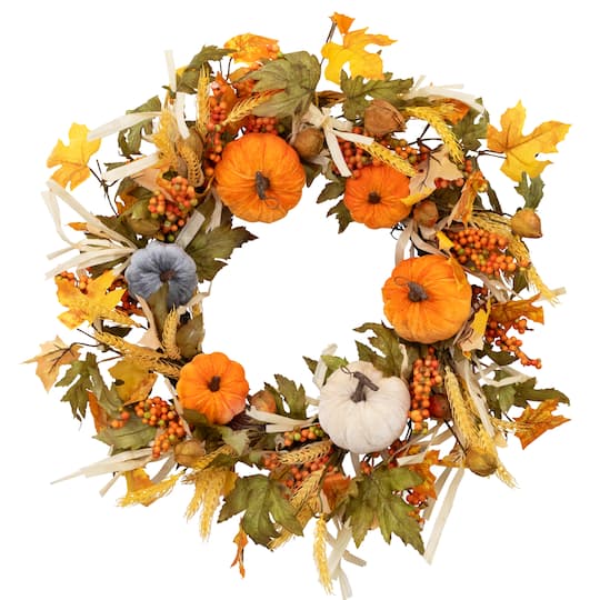 24" Velvet Pumpkins & Wheat Fall Harvest Wreath